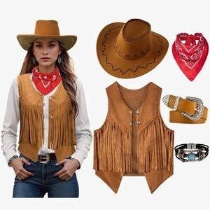 Woman Cowgirl Costume Western Vest Hat Belt Set for Cowgirl Cosplay Medium